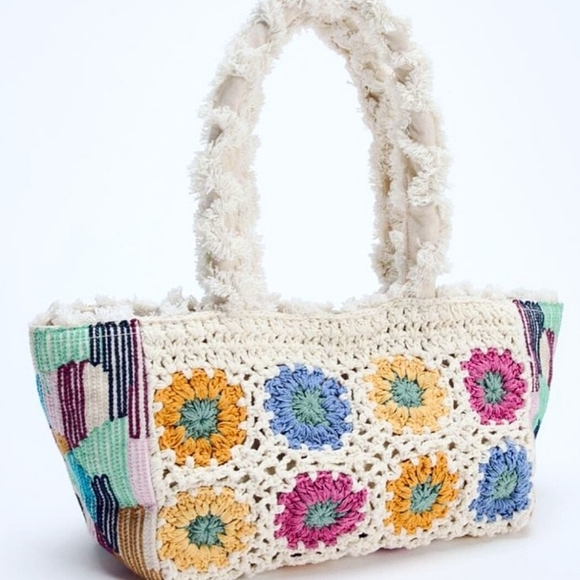 Zara Handbags - Zara Bohemian Bright Floral Embroidered Crochet Bag Faux Fur Fringe Handles